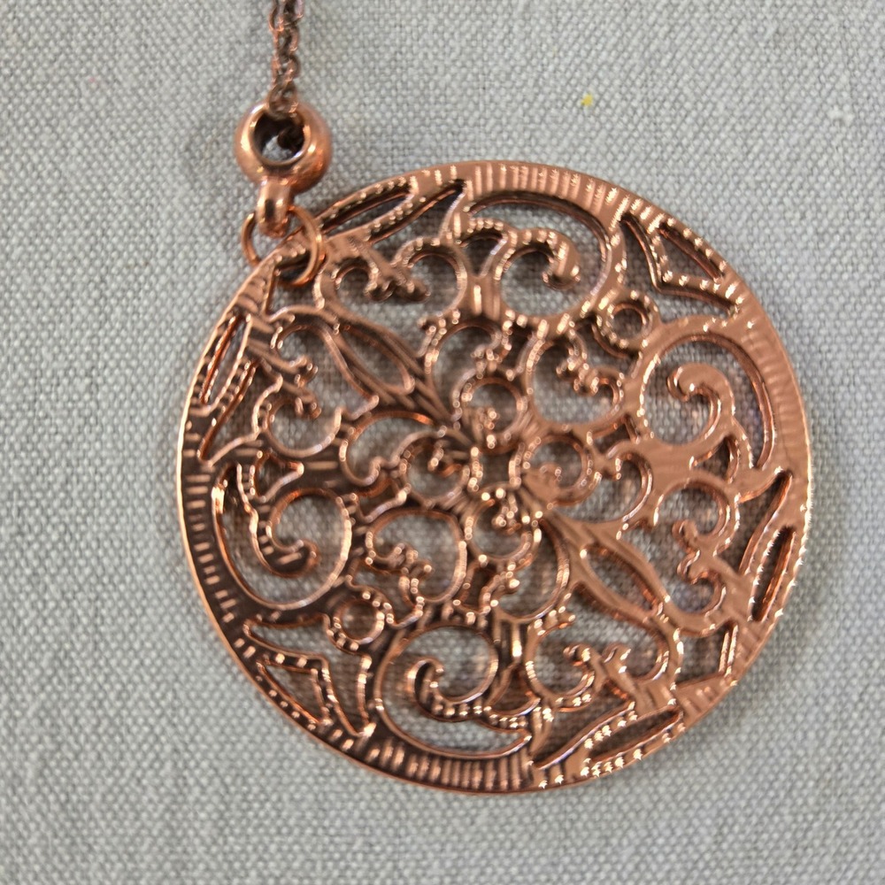 Copper Tone Filigree Circle Pendant Necklace Boho Openwork Scrollwork Design